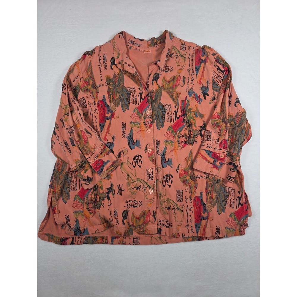 Tianello Geisha Print Button Down Blouse Women's 2X Peach Japanese Art to Wear